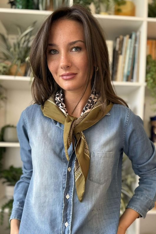 Leopard & Tile Border Triangle Silk Neckerchief Olive